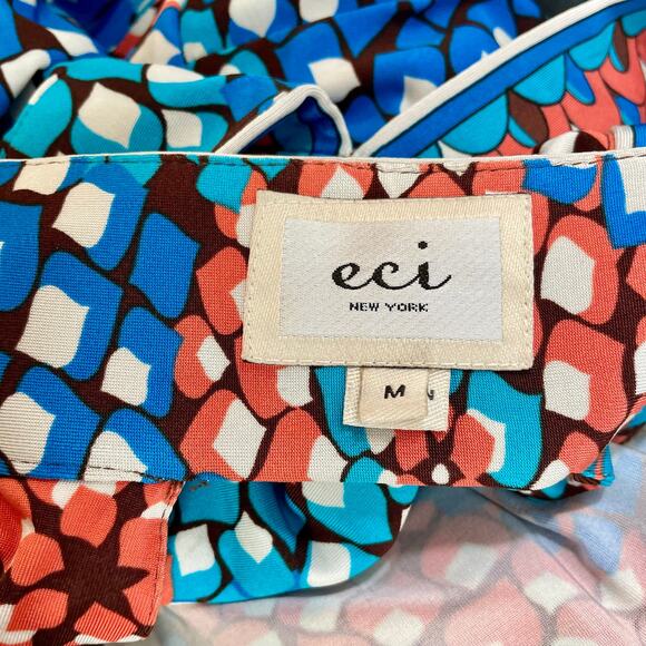 eci New York Floral V-neck Top 3/4 Sleeves Keyhole Back Stretch Y2K Blouse Med - Picture 7 of 10